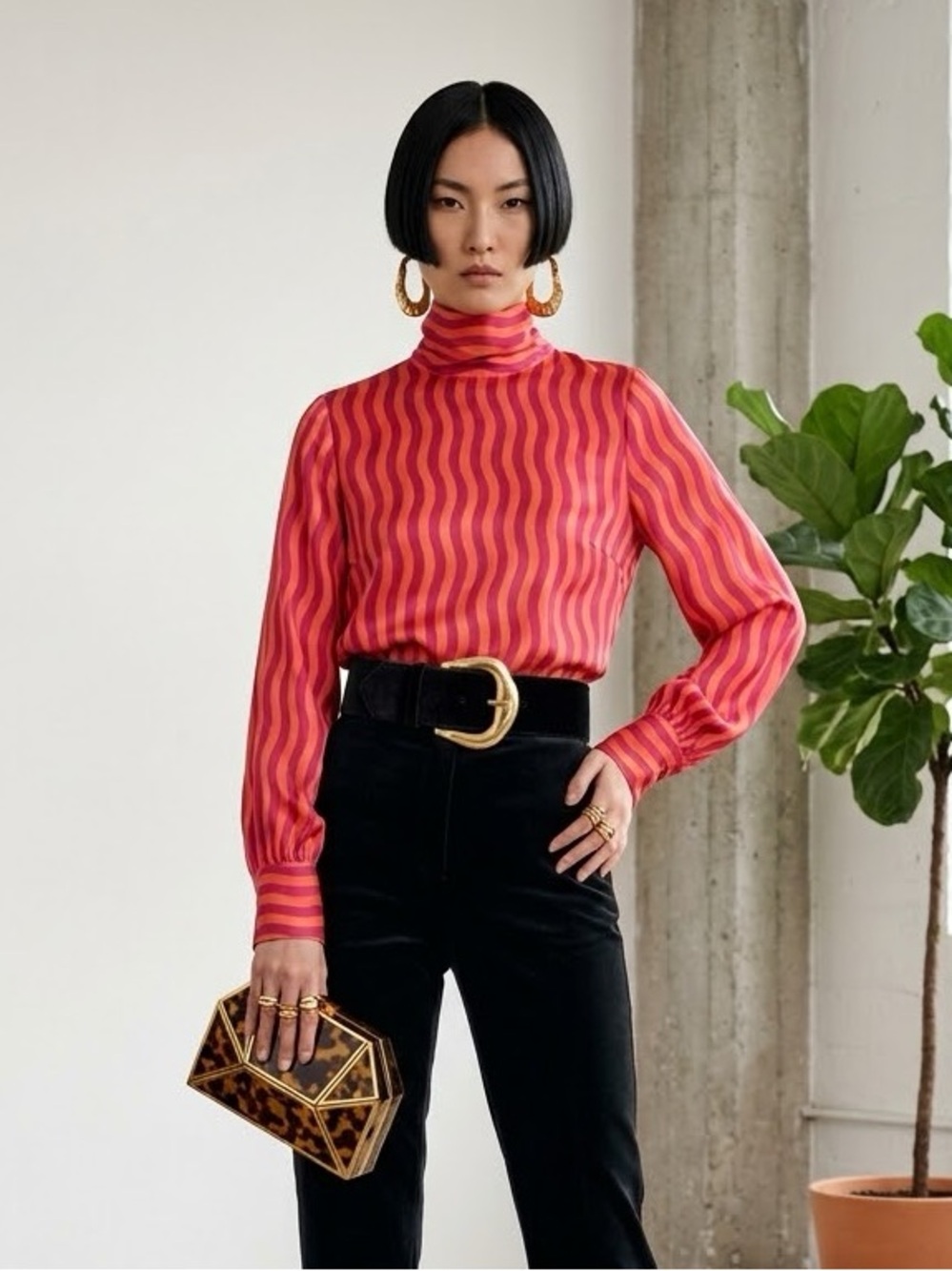 Liviana Conti Pink & Orange Wavy Stripe Mock Neck Blouse - US 6 (IT 42)